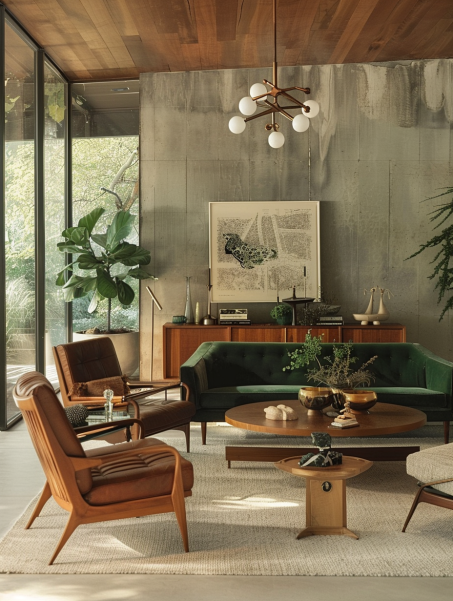 a beautiful display of mid-century modern furniture featuring a unique combination of natural shapes, sleek lines, and practical comfort.