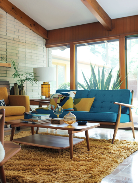 a display of bright mid-century modern furniture featuring a unique combination of natural shapes, sleek lines, and practical comfort.