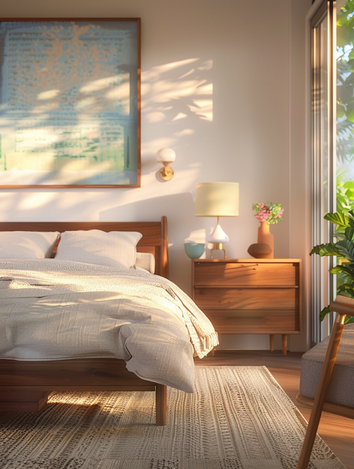 a tranquil mid-century modern bedroom bathed in the soft glow of early evening light. Warm light spills from a bedside table lamp, casting a soft illumination across a low-profile walnut platform bed with a plush cream-colored comforter. A large picture window reveals a serene balcony overlooking a lush green landscape, blurring the lines between the interior and exterior space.  A vintage teak dresser with sleek brass handles sits opposite the bed, offering storage and visual interest. On the wall behind the bed, a large abstract artwork in calming tones of blue and green adds a touch of color and mid-century flair. A plush, woven area rug in beige with a geometric pattern defines the sleeping area and provides warmth underfoot. Bonus details include a sculptural ceramic vase with a smooth, curved form resting on the bedside table, holding a single stem with delicate pink flowers, and a vintage Eames lounge chair upholstered in a soft grey fabric nestled in the corner, inviting relaxation with a good book. The focus is on clean lines from the furniture and artwork, complementing the calming color palette. The use of natural materials like wood and woven textures creates a sense of warmth and comfort, perfect for a good night's sleep.