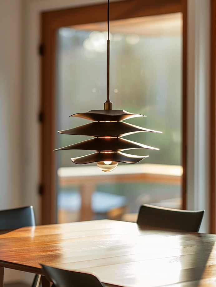 a sculptural pendant lamp, the centerpiece of a mid-century modern dining room bathed in warm afternoon light. Sunlight streams through a large picture window, illuminating a sleek walnut dining table with tapered legs. The pendant lamp hangs elegantly above the table, casting a warm glow on the scene. The lamp itself, crafted from brushed brass, features a series of cascading geometric shapes in a matte black finish, each a different size and form. The bottommost tier forms a wide bowl shape, housing several frosted glass bulbs that diffuse the light. Hints of mint green peek through gaps in the black geometric shapes, adding a touch of mid-century flair and a pop of color. The overall feel is modern and sophisticated, with the sculptural lamp taking center stage. The interplay of light and shadow on the various geometric shapes of the lamp is a key visual element.