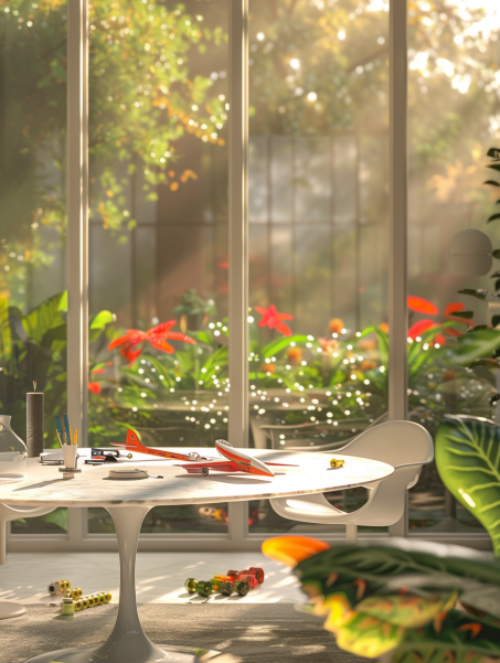 A photorealistic image of a sunlit, modern living room in the late afternoon. A large picture window showcases a lush green garden with sunlight filtering through the leaves. In the foreground sits a classic Eero Saarinen tulip table with a white marble top and a cast aluminum base in a brushed nickel finish. Scattered across the table are colorful parts and tools alongside a half-finished model airplane, a biplane with a red and white paint scheme. The emphasis should be on the clean lines and minimalist design of the table, parts, and tools. 