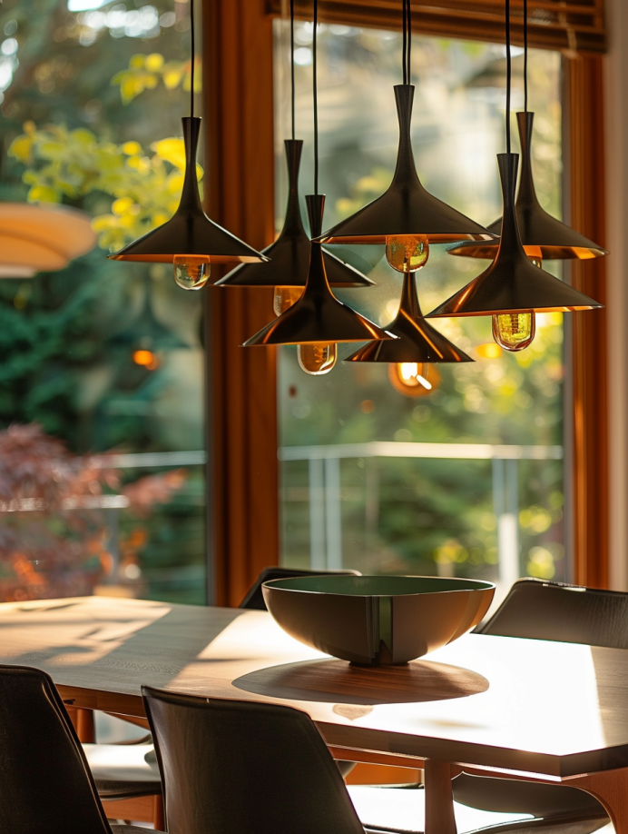 Sunlit mid-century modern dining room featuring a sculptural brass pendant lamp with black geometric shapes. The lamp casts a warm glow on a walnut dining table.
