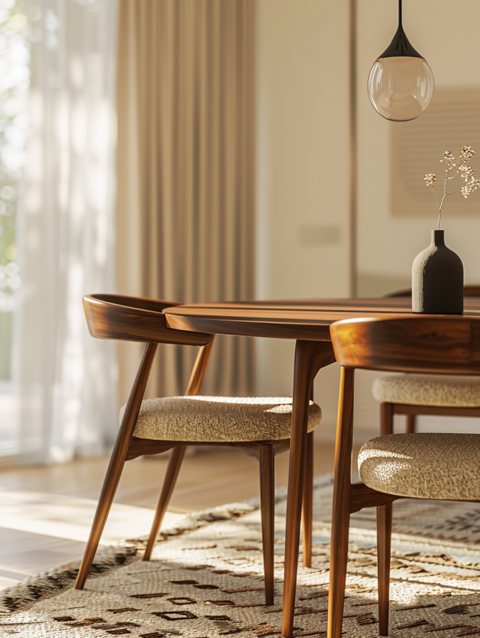 close-up of a minimalist mid-century modern dining room bathed in warm afternoon light. Sunlight streams through a large picture window, illuminating a sleek teak dining table with a clean, oval silhouette and tapered legs. The table sits on a plush cream-colored rug with a geometric pattern in subtle tones of brown and beige. Four elegant rosewood dining chairs with curved backs and plush ivory upholstery are positioned around the table, inviting conversation and comfort. A minimalist black metal pendant lamp with a single, clear glass globe hangs elegantly above the table, casting a warm glow on the scene. A small, sculptural ceramic vase in a matte black finish sits on the center of the table, adorned with a single stem with delicate white flowers. The overall feel is clean and uncluttered, with minimal decorative elements. The focus is on the interplay of clean lines from the furniture and lighting with the organic shapes of the rug and the delicate flower stem.