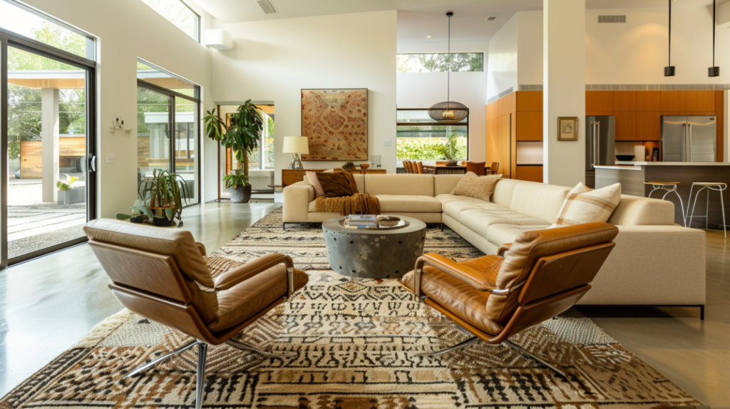 a mid-century modern living space, demonstrating the openness of the space, In the center of the room, a plush cream-colored sofa with clean lines and tapered legs faces a pair of vintage Milo Baughman lounge chairs upholstered in a rich cognac leather, inviting relaxation and social interaction. A woven area rug in a geometric pattern with shades of brown, beige, and a touch of burnt orange defines the conversation area and adds visual interest