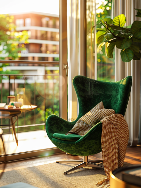 a mid-century modern living room bathed in the warm glow of late afternoon sunlight. Sunlight streams through a large picture window, casting a warm golden light across a balcony with a glimpse of a vibrant cityscape dotted with lush green parks. The centerpiece of the room is an iconic Arne Jacobsen Swan Chair, upholstered in a luxurious, deep emerald green velvet that shimmers in the light. The chair is positioned invitingly, angled slightly towards the window, with a plush woven throw blanket in a cream and mustard yellow geometric pattern casually draped over the armrest.